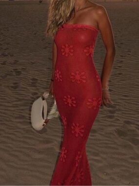 Asta Resort Monica Floral Strapless Dress in red size M